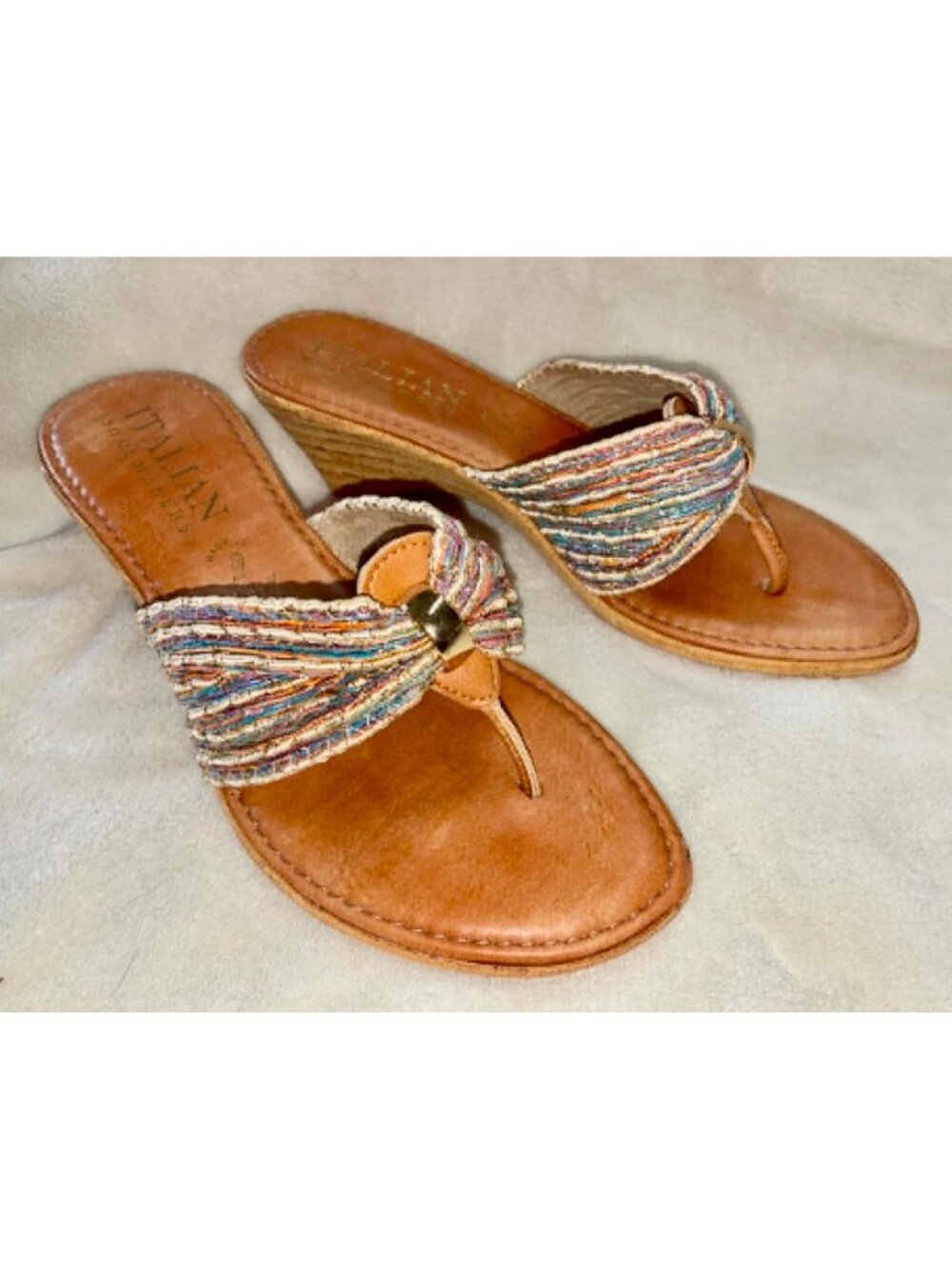 Italian Shoemakers Multicolor Thong Sandals Wedge 2.5" Heel Italy Sz 7.5 #h